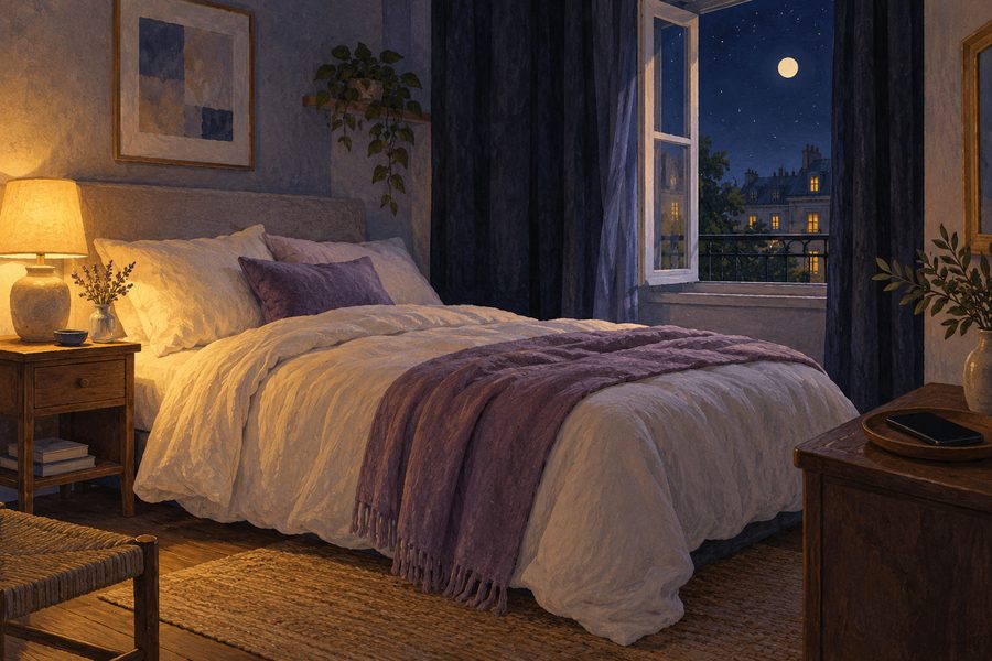 Illustration d’une chambre paisible et chaleureuse, dans des tons doux.