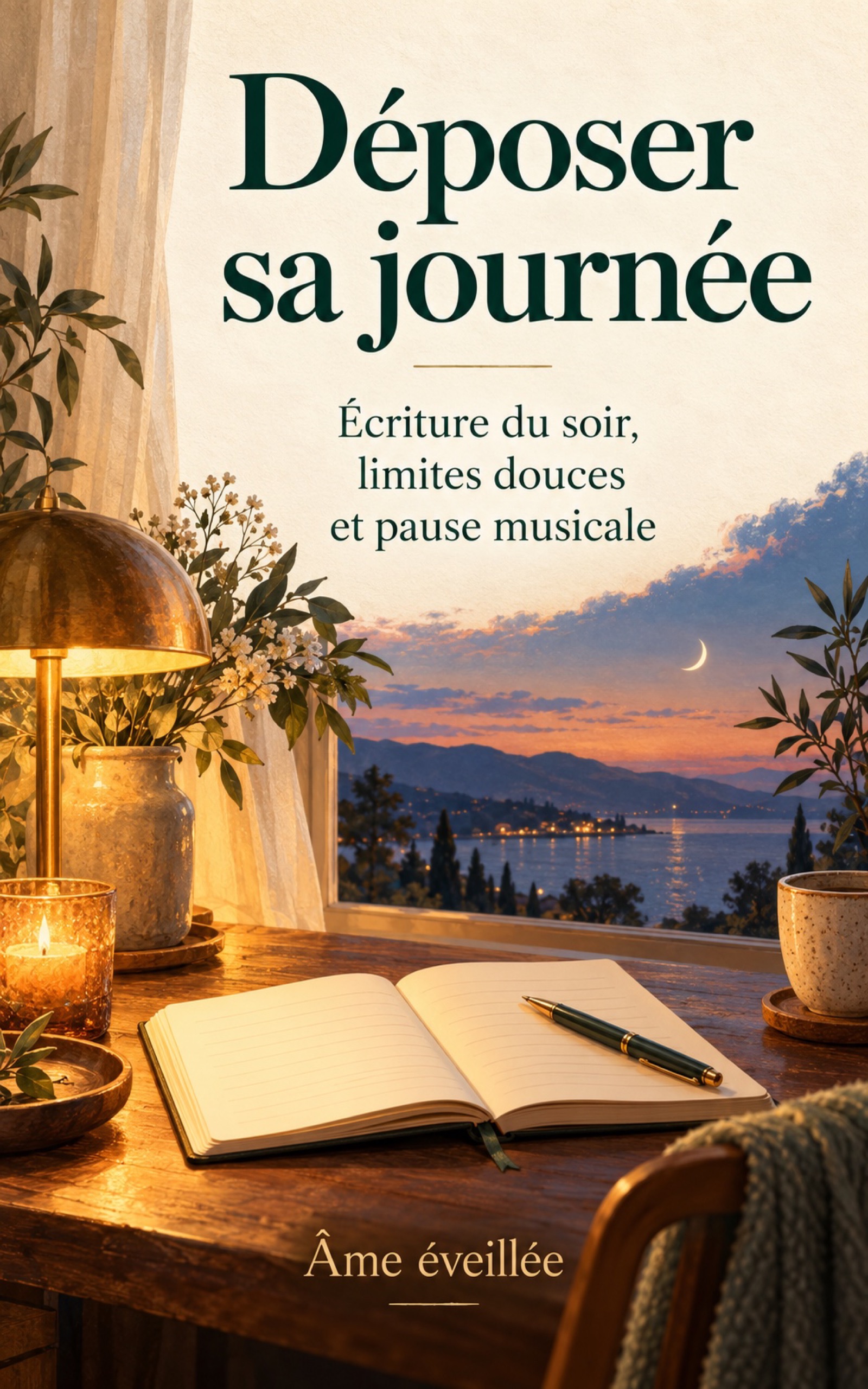 Couverture de Déposer sa journée : un carnet ouvert face à un paysage du soir, par Âme éveillée.