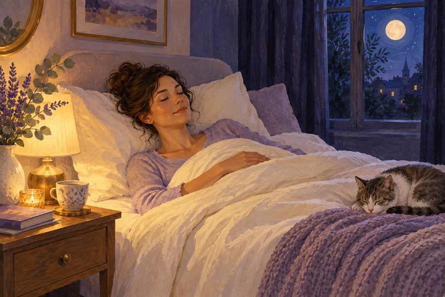 Illustration d’une chambre chaleureuse au clair de lune, pour évoquer une pause du soir.