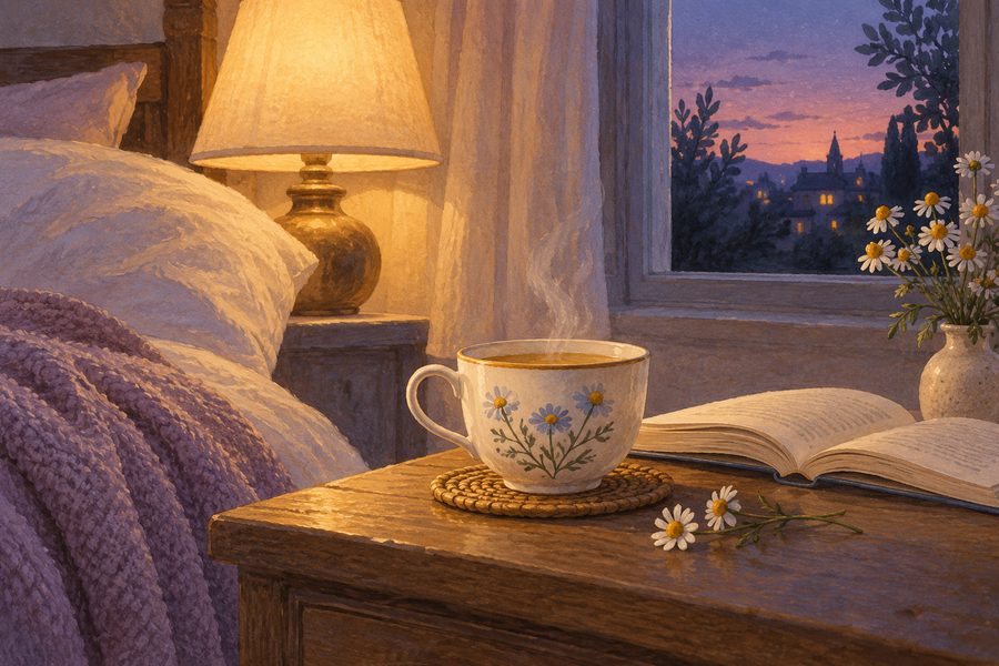 Illustration d’une tasse chaude et d’un carnet ouvert près d’une fenêtre au crépuscule.